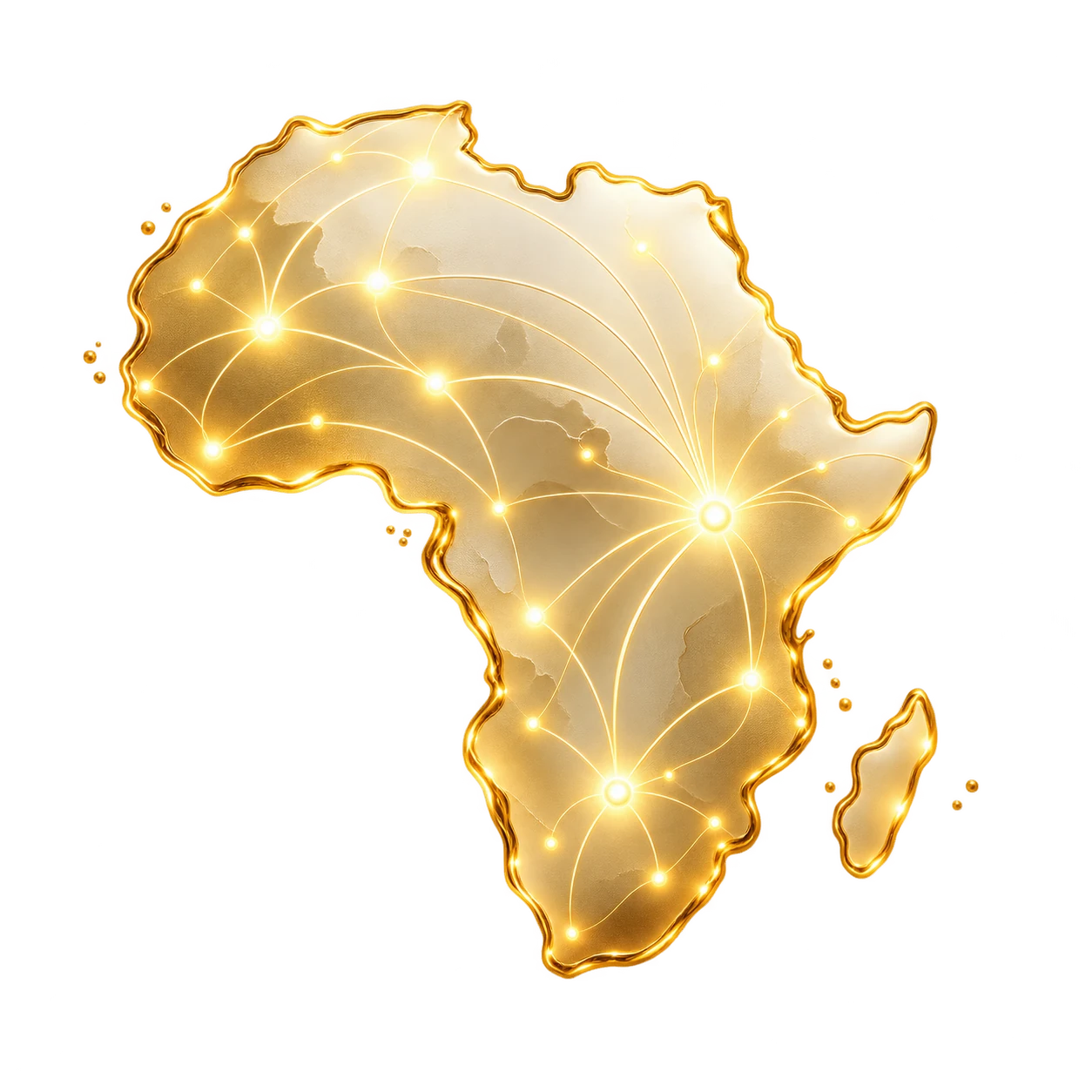 Luminous gold Africa icon representing data and systems lighting up across Africa