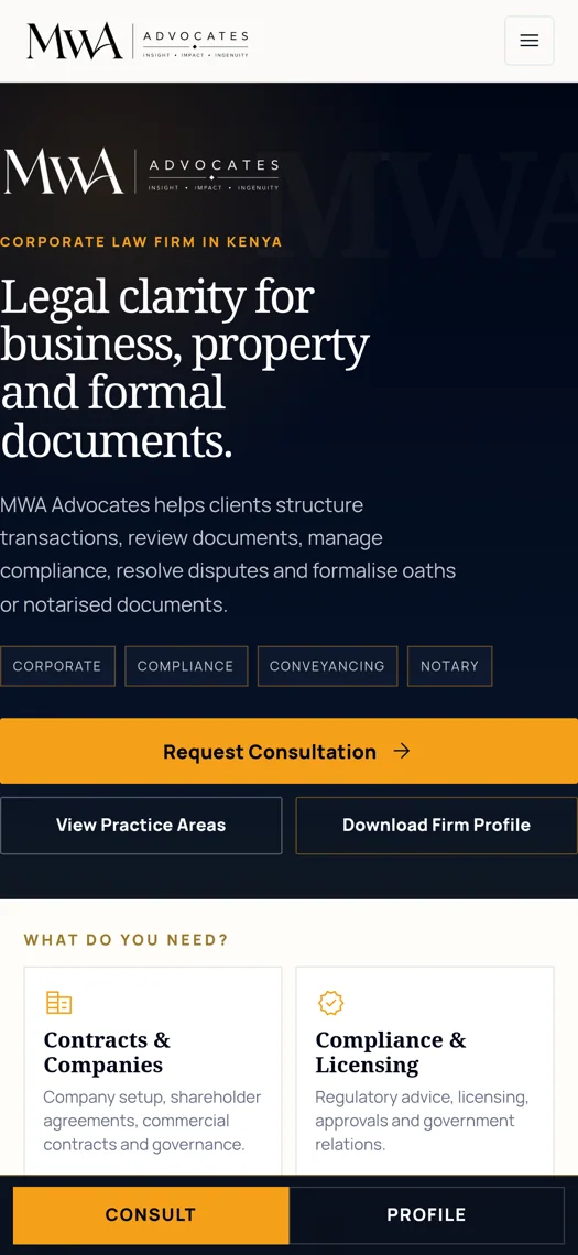 Screenshot of MWA / M.W. Waititu Advocates website