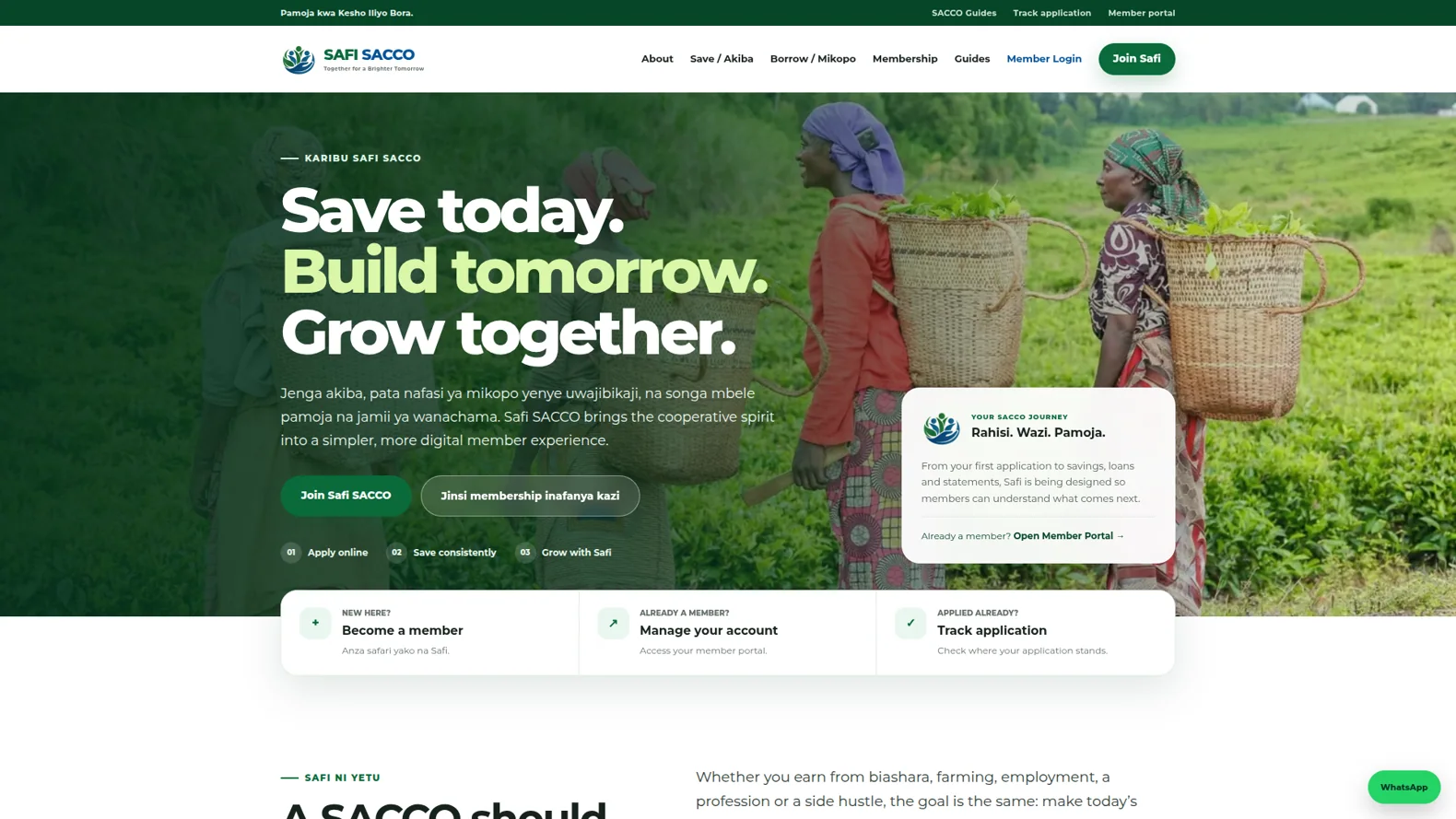 Safi SACCO financial services website screenshot